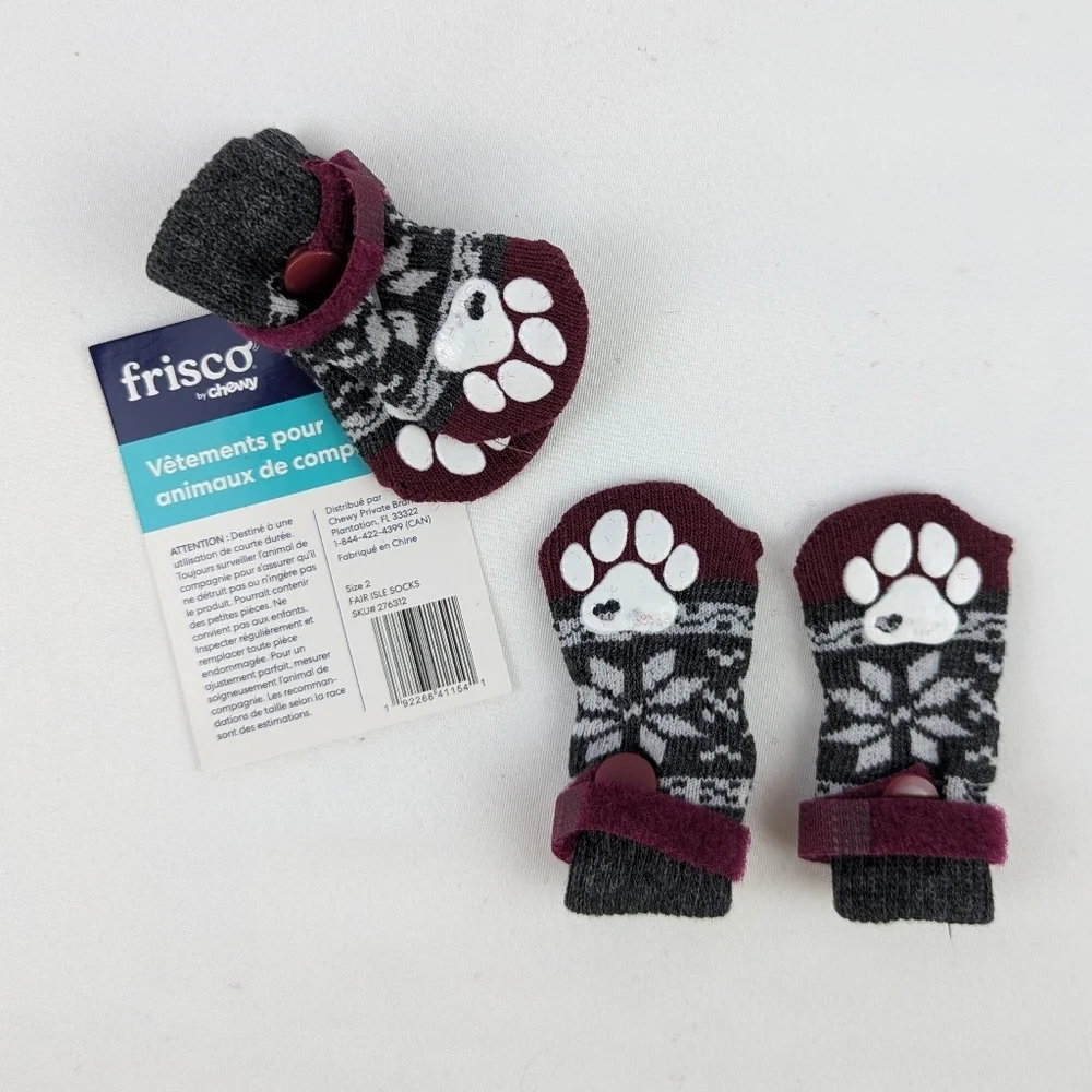Chewy Frisco Dog Socks Small Breed Non-Skid Indoor Fair Isle Grey Size 2 NWT